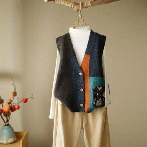 Stilla | Farverig Patchwork Strikket Vest Til Kvinder