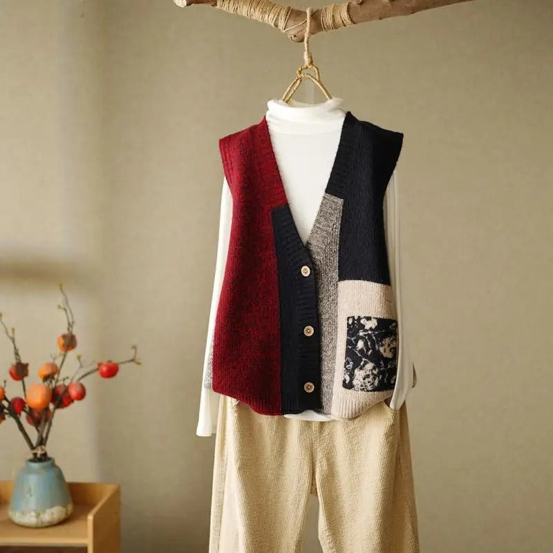 Stilla | Farverig Patchwork Strikket Vest Til Kvinder