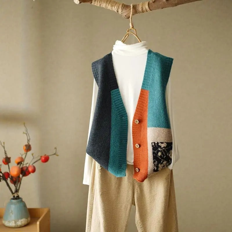 Stilla | Farverig Patchwork Strikket Vest Til Kvinder