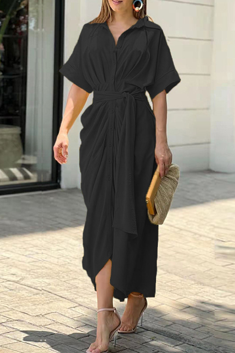 Stilla | Afslappet Solid Patchwork Turndown Collar Skjorte Kjole Kjoler