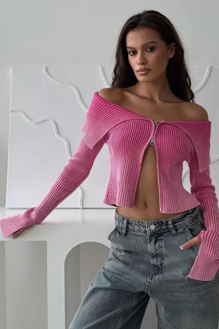 Stilla | Off Shoulder Slim Fit Zip up Sweater