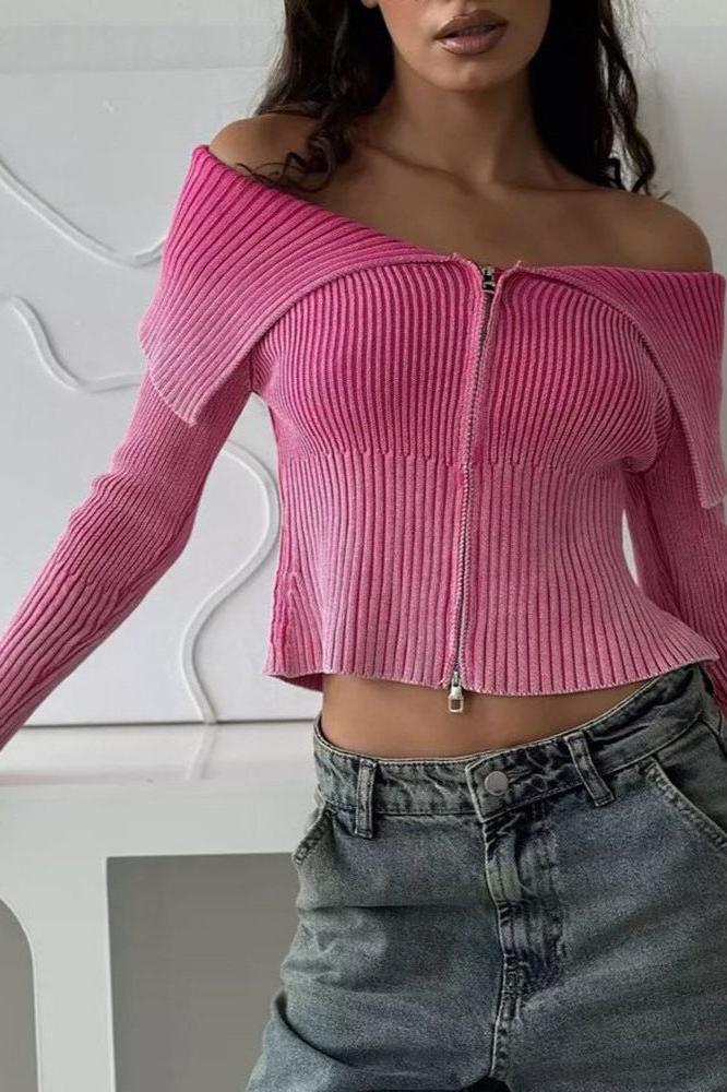 Stilla | Off Shoulder Slim Fit Zip up Sweater