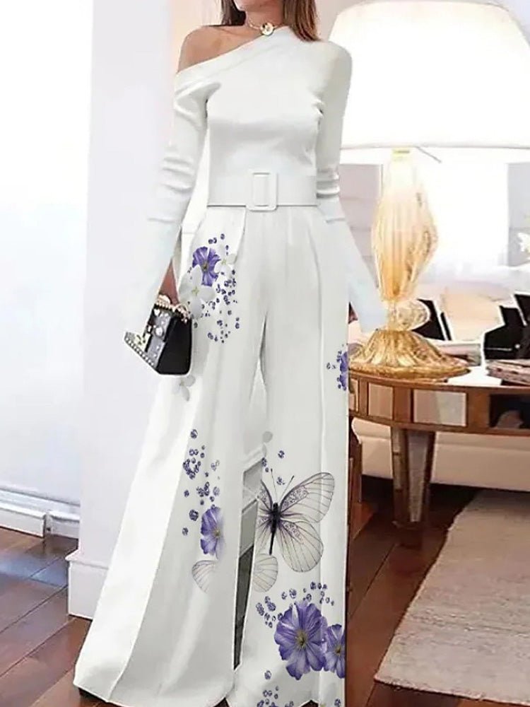 Stilla | Kvinders Jumpsuits Skrå Skulder Langærmet Bred Ben Jumpsuit