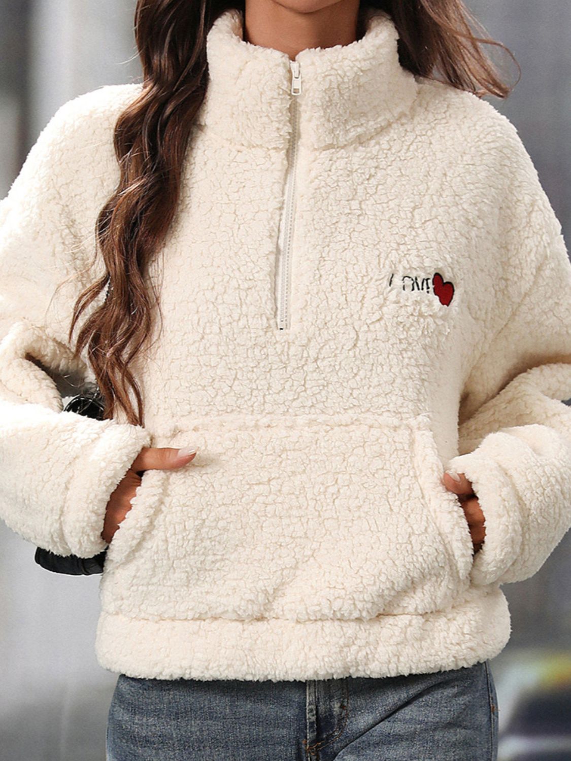 Stilla | Hjerte Halv-Zip Langærmet Teddy Sweatshirt Udsalg