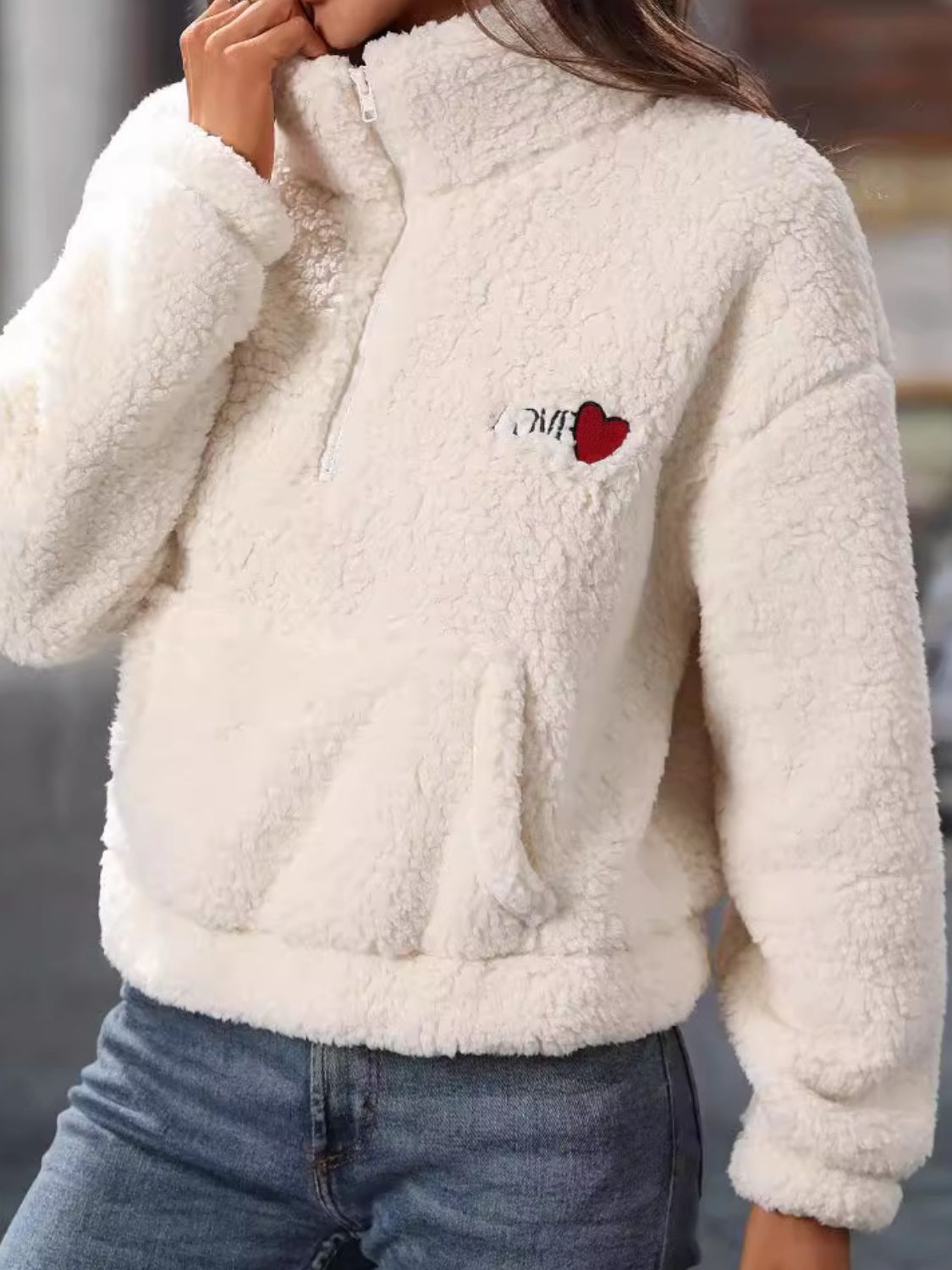 Stilla | Hjerte Halv-Zip Langærmet Teddy Sweatshirt Udsalg