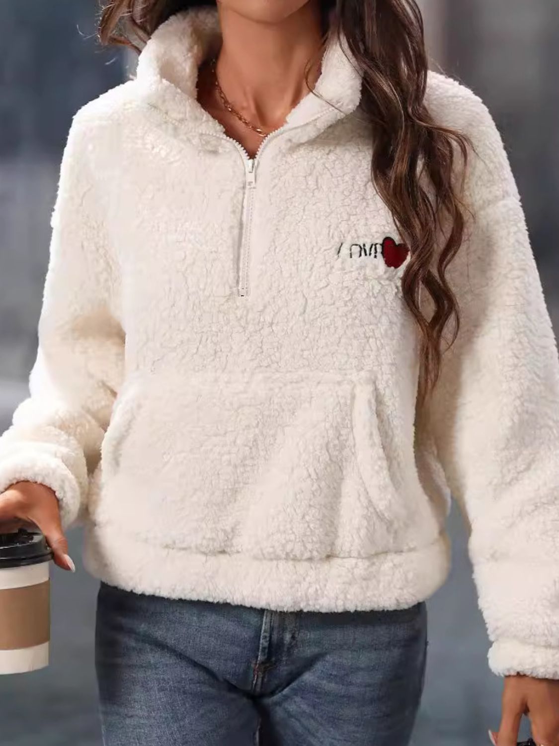 Stilla | Hjerte Halv-Zip Langærmet Teddy Sweatshirt Udsalg
