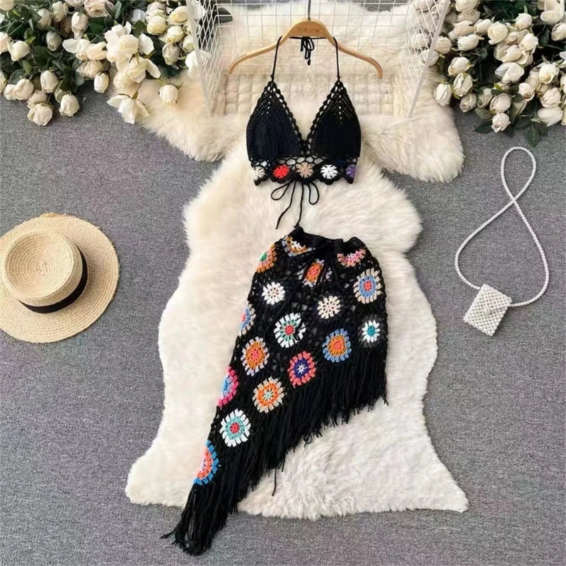 Stilla | Kvinder 2 Delt Outfit Sæt Boho Huludskæring Hæklet Strik Halterneck Bh Top Og Asymmetrisk Frynsæt Mini Nederdel Strand Cover up