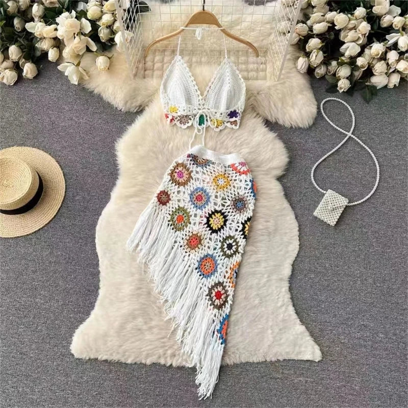 Stilla | Kvinder 2 Delt Outfit Sæt Boho Huludskæring Hæklet Strik Halterneck Bh Top Og Asymmetrisk Frynsæt Mini Nederdel Strand Cover up