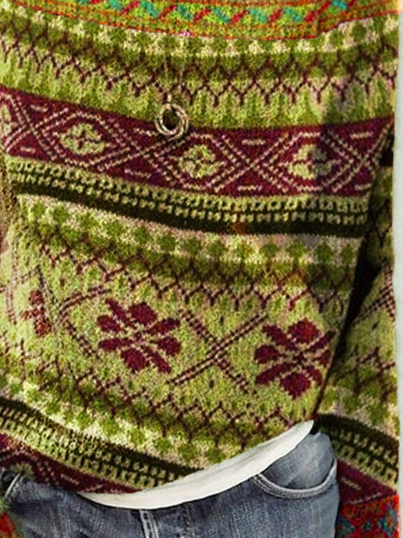 Stilla | Varm Fair Isle Print Rund Hals Strikket Trøje Til Dame Online Hot Salg
