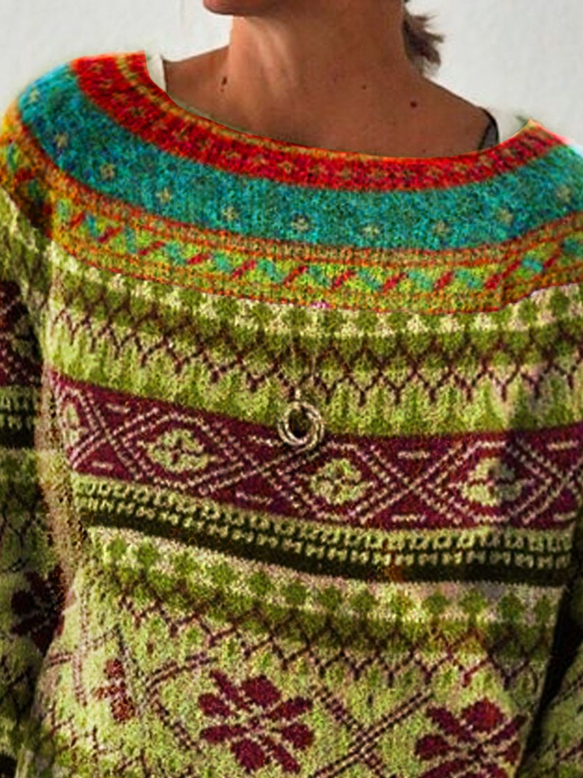 Stilla | Varm Fair Isle Print Rund Hals Strikket Trøje Til Dame Online Hot Salg