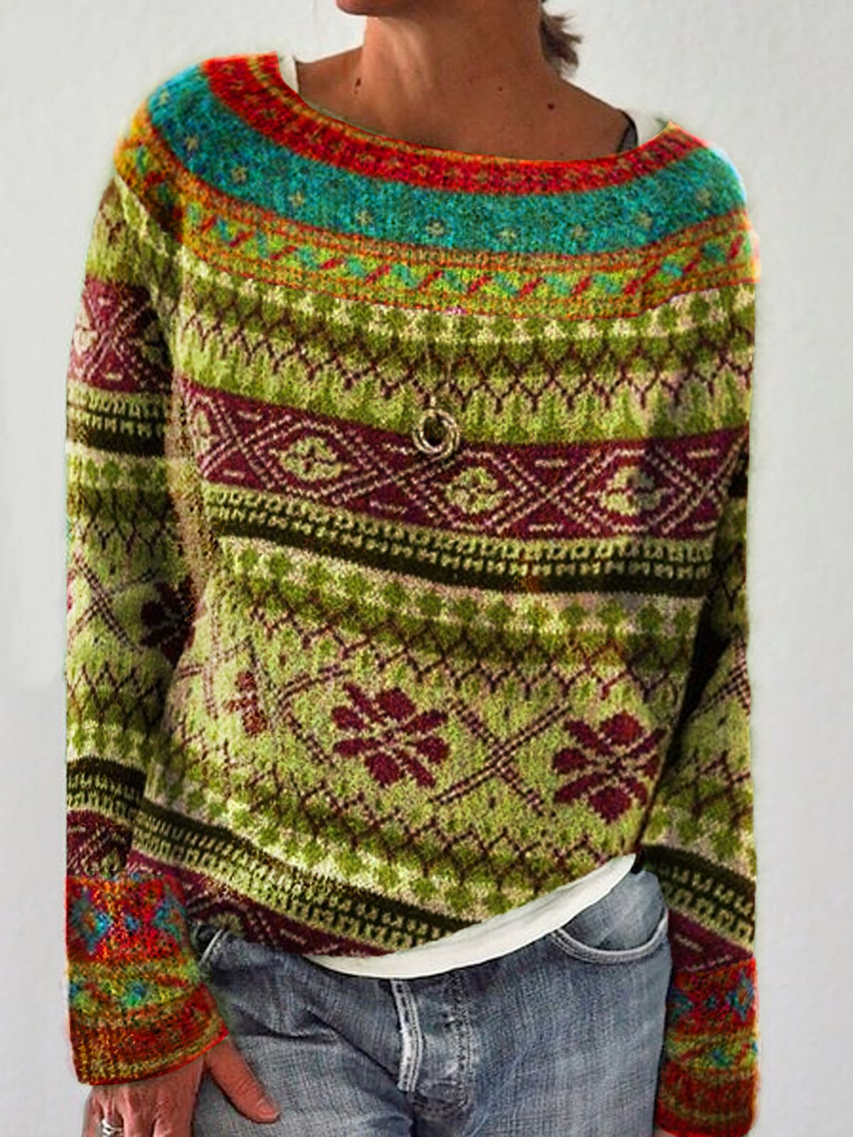 Stilla | Varm Fair Isle Print Rund Hals Strikket Trøje Til Dame Online Hot Salg