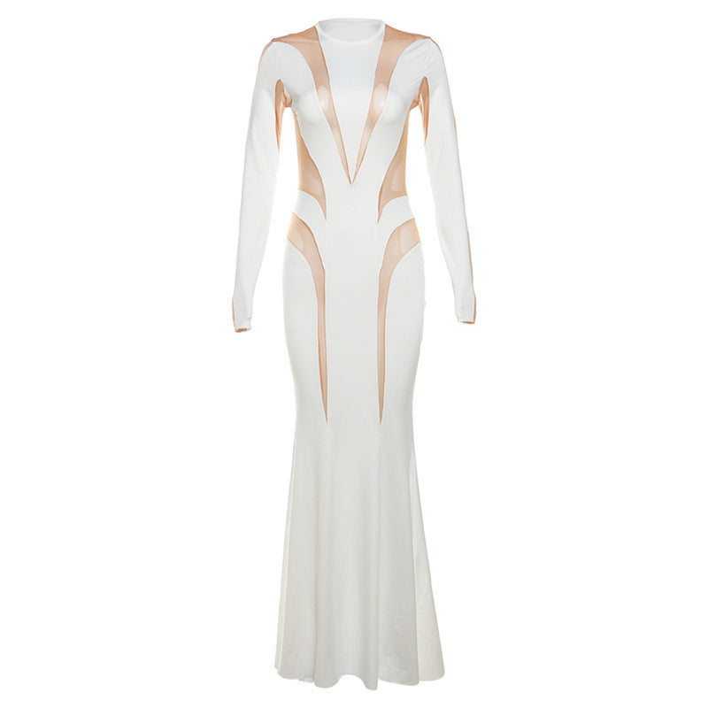Stilla | Kvinder Tøj Efterår Sexy Mesh Syning Solid Farve Elegante Slank Slankende Kjole