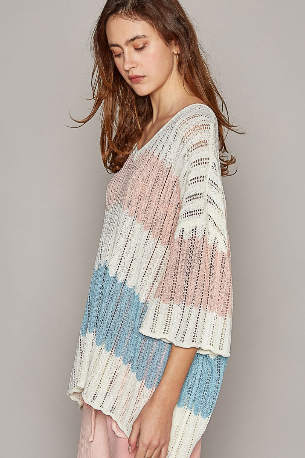 Stilla | V-Hals Kortærmet Stribet Vævet Sweater