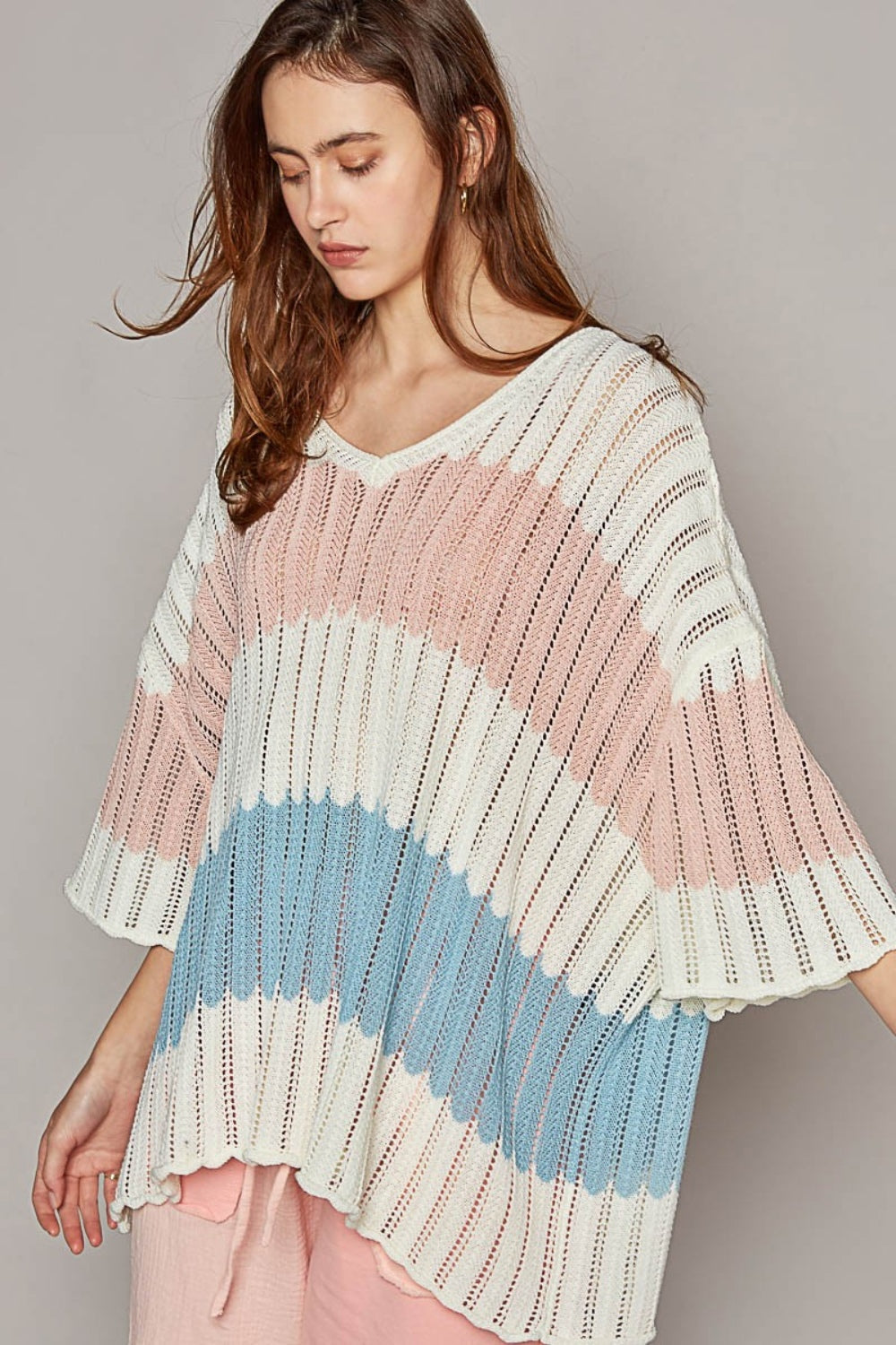 Stilla | V-Hals Kortærmet Stribet Vævet Sweater