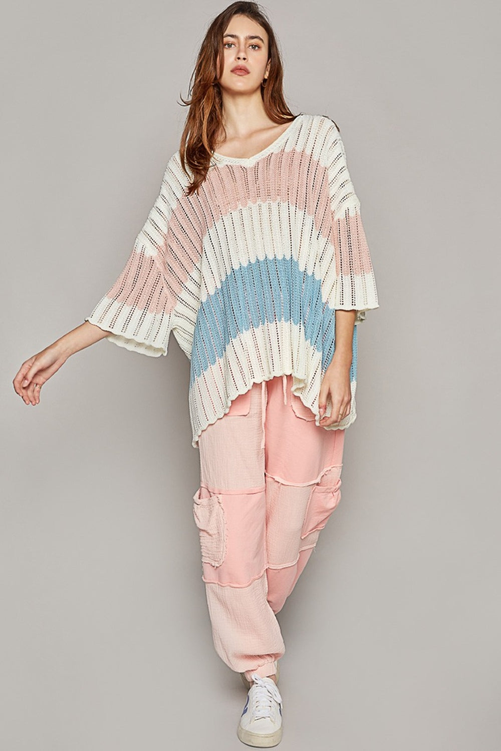 Stilla | V-Hals Kortærmet Stribet Vævet Sweater