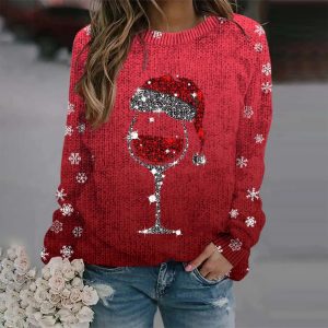 Stilla | Varm Pullover Med Julevin Glas Og Trykt Julehat Til Kvinder Mode