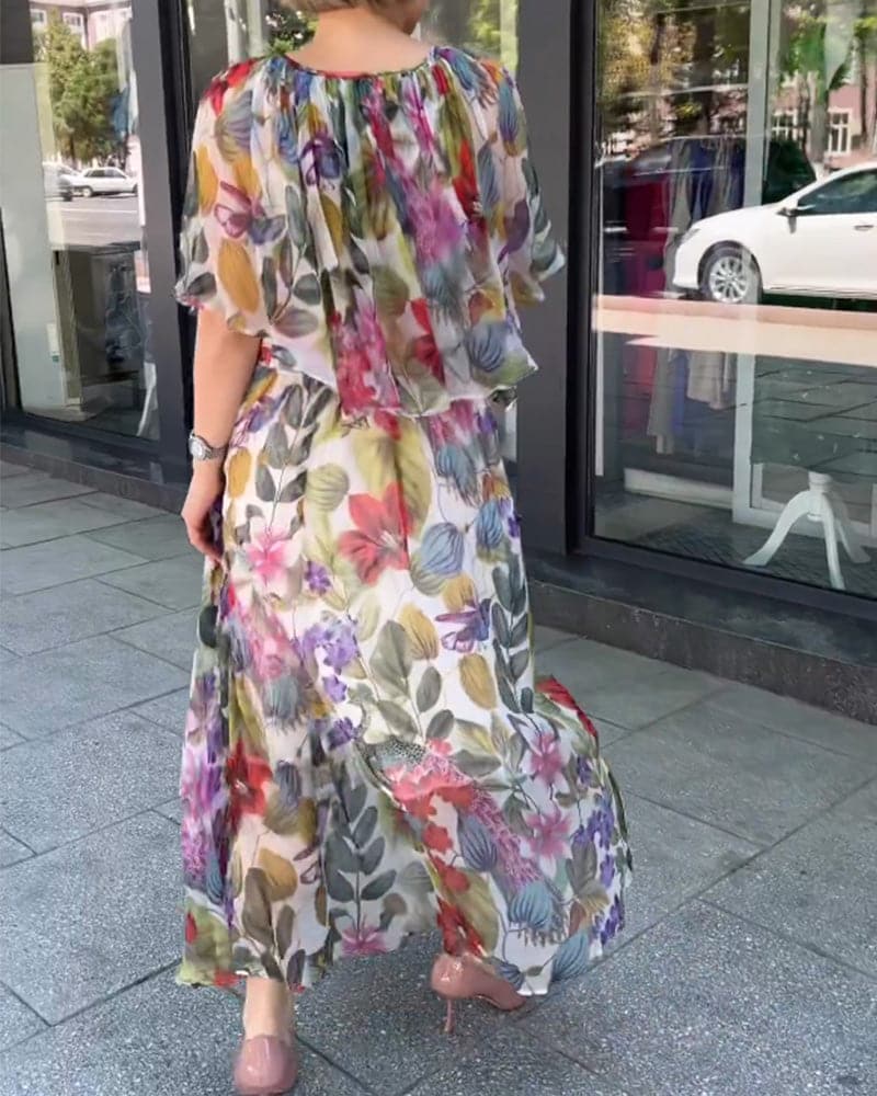 Stilla | Maxi Kjole Blomsterprint Rund Hals Korte Ærmer Let Og Luftig Pasform på udsalg
