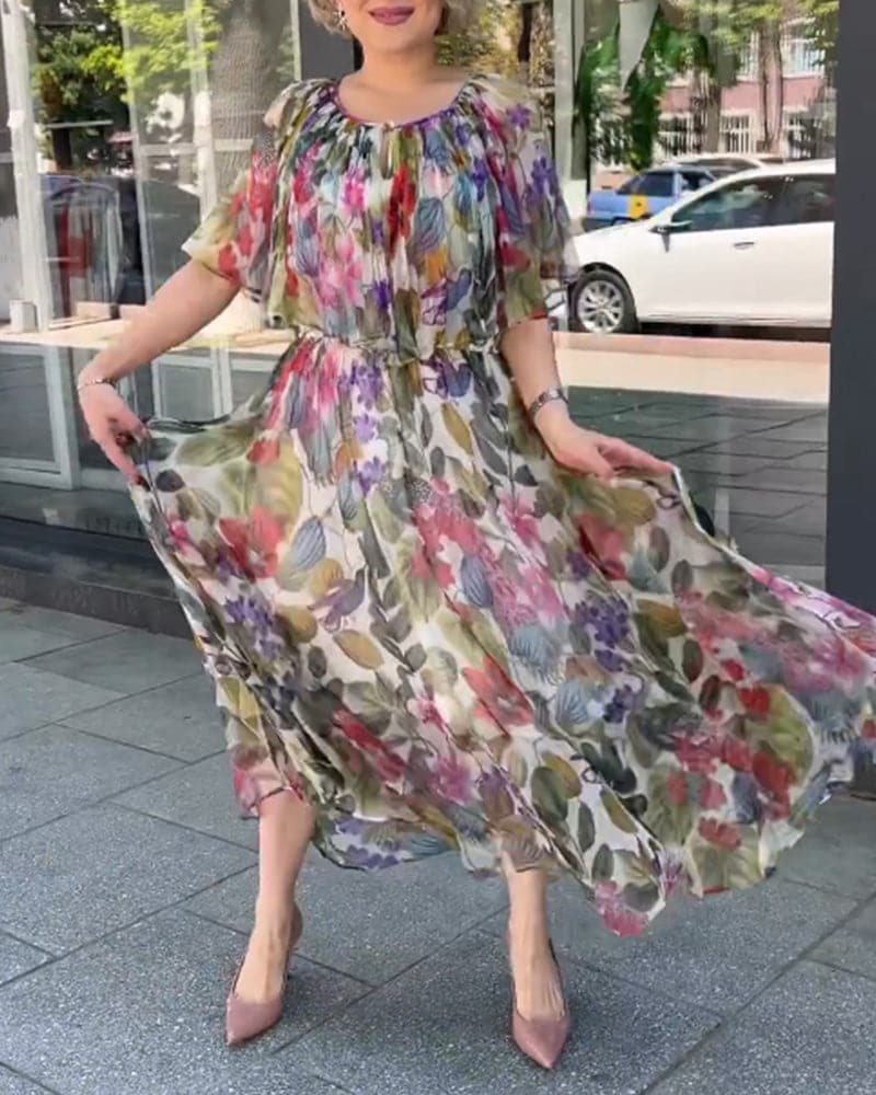 Stilla | Maxi Kjole Blomsterprint Rund Hals Korte Ærmer Let Og Luftig Pasform på udsalg
