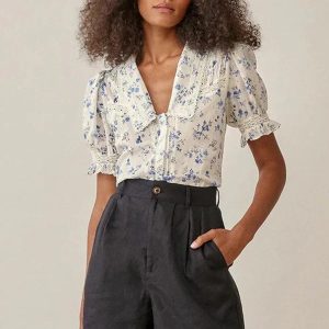 Stilla | vintage blomstret bluse med blondekant Rabat