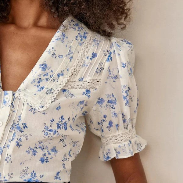 Stilla | vintage blomstret bluse med blondekant Rabat