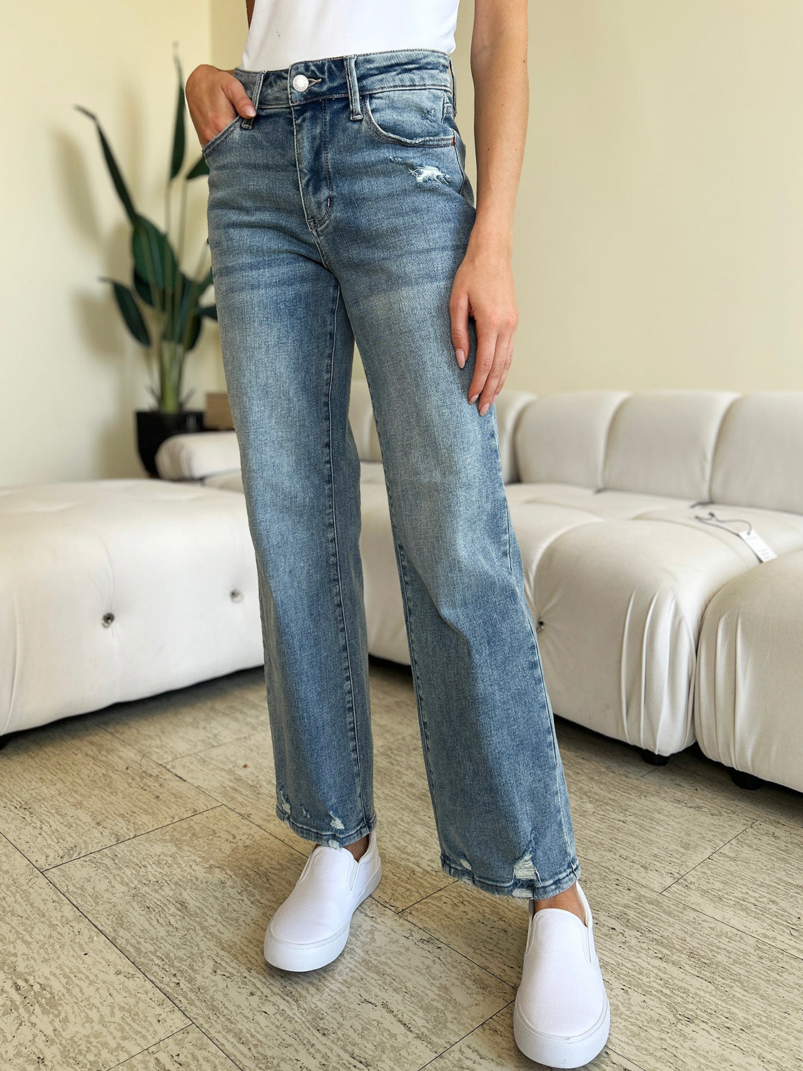 Stilla | Blå Fuld Størrelse Høj Talje Distressed Lige Jeans