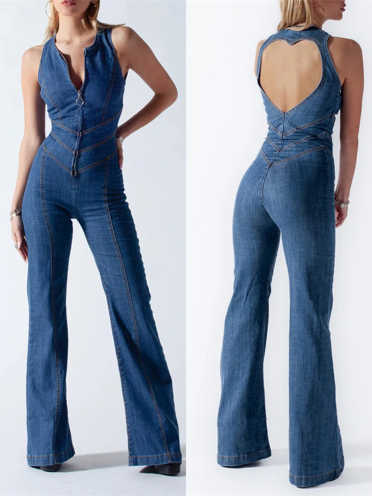 Stilla | Retrojeans-Overall med åben ryg. Trendsættende og elegant for et vintage touch. Udsalg