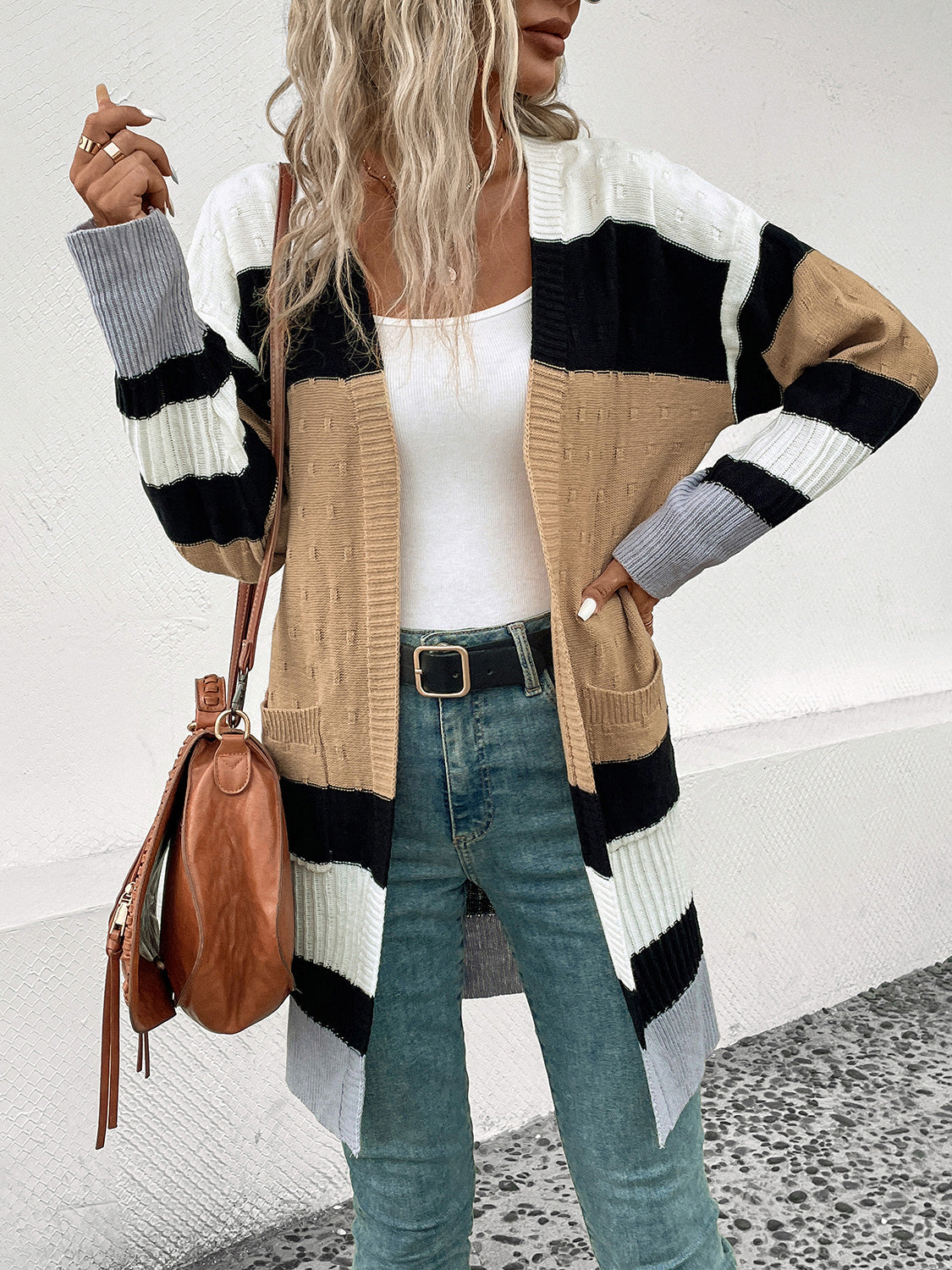 Stilla | Perfee Farveblok Åben Forkant Drop Skulder Cardigan