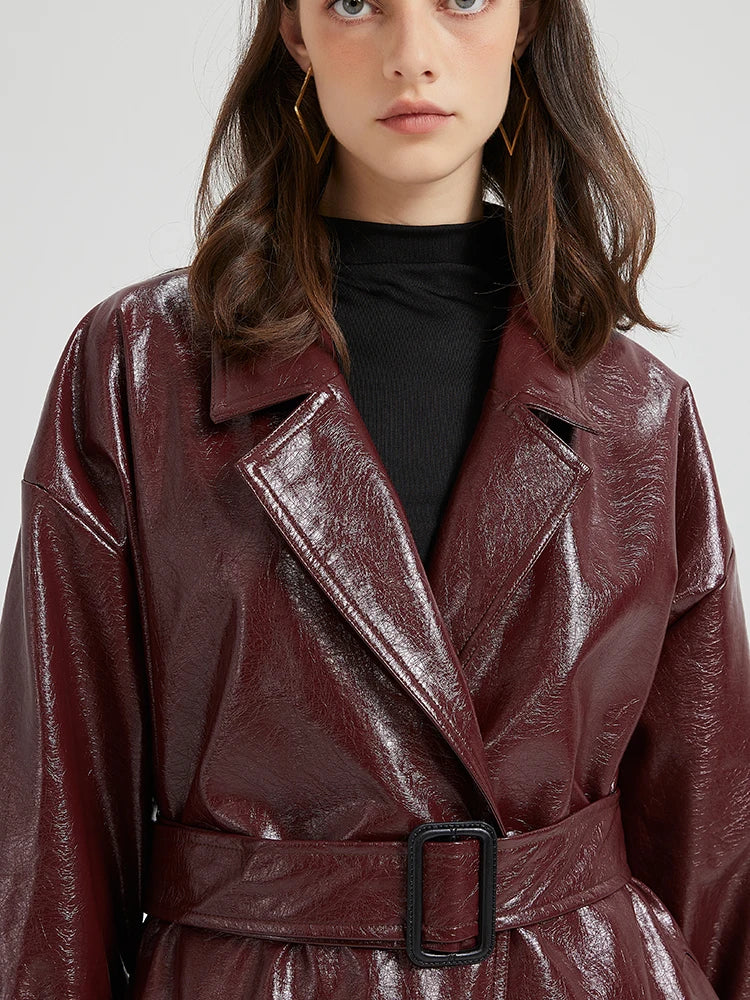 Stilla | Lautaro Forår Efterår Ekstra Lang Burgunder Pu Læder Trench Coat Til Kvinder Med Bælte Elegante Luksus Designer Maxi Overcoat