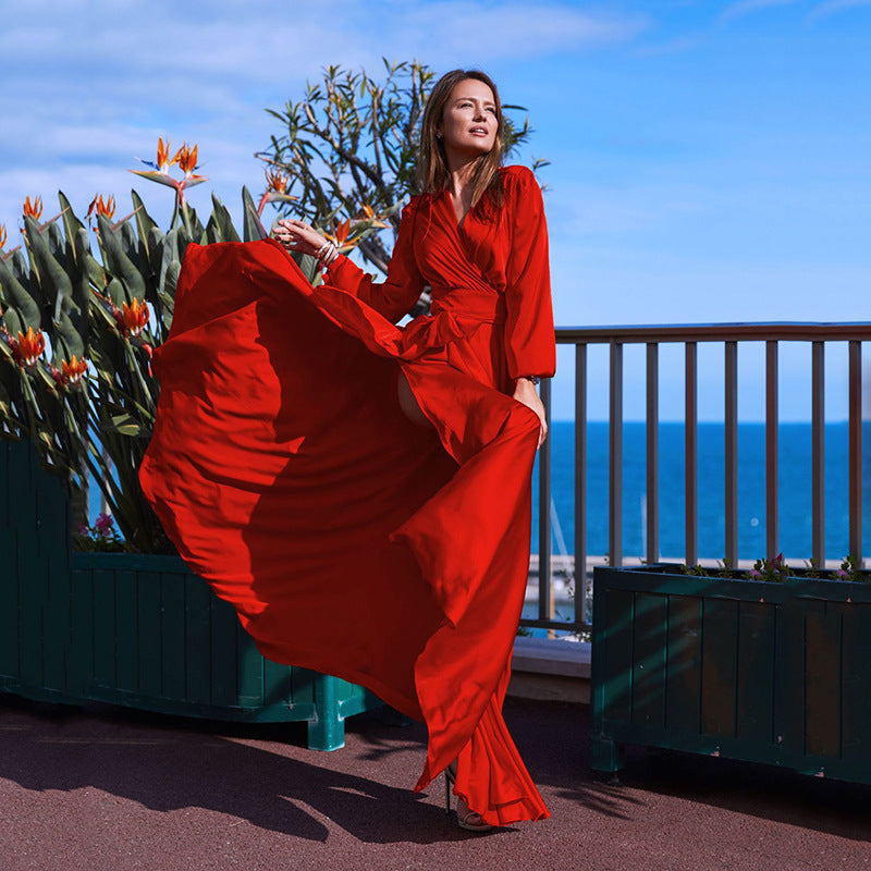 Stilla | Vibrant Colored V-Hals Maxi Kjole Med Wrap Lukning Og Lår Slids