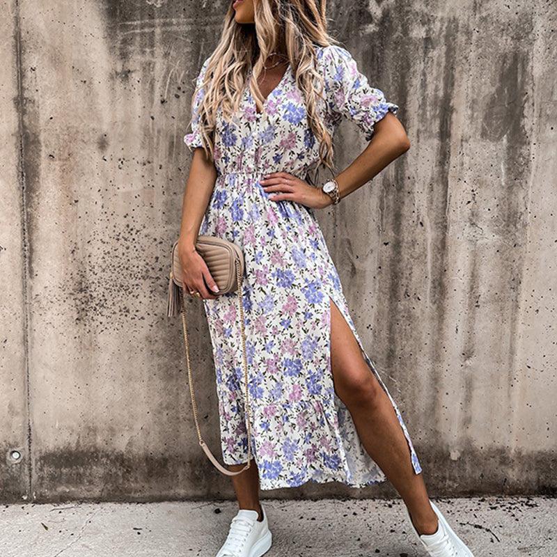 Stilla | Kjole Med Blomsterprint Kjole Med V Udsnit Og Slids I Siden Online Hot Salg