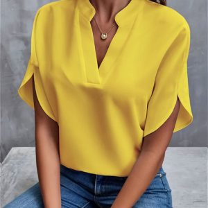 Stilla | Elegant V|hals Kort|ærmet Chiffon Bluse Online Hot Salg