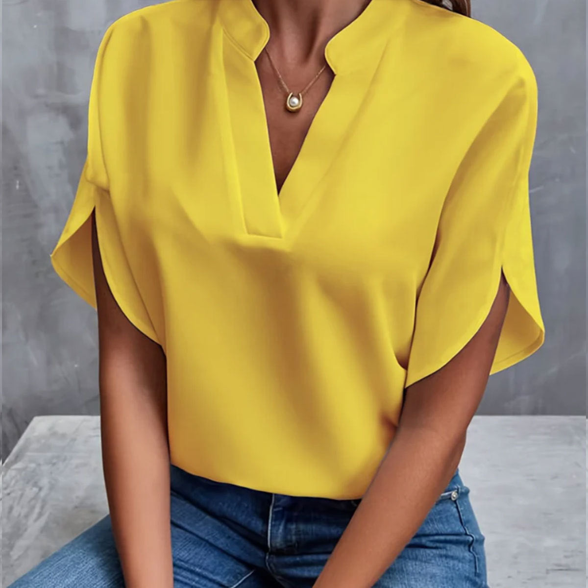 Stilla | Elegant V|hals Kort|ærmet Chiffon Bluse Online Hot Salg