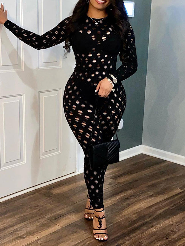 Stilla | Sexet Bodycon Langærmet Mesh Gennemsigtig Jumpsuit Online