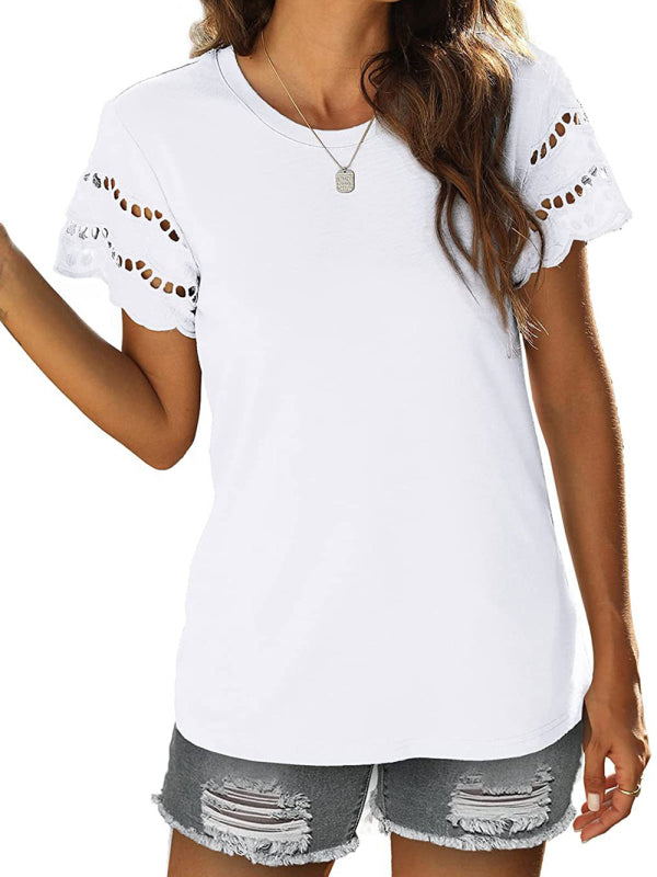 Stilla | Sommer ny blonde broderi kortærmet T-shirt Rund hals top Udsalg