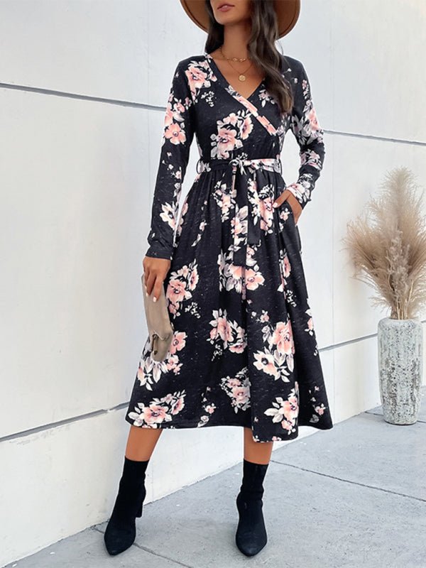 Stilla | Dame Floral Print Faux Wrap Talje Bælte Midi Kjole Online Hot Salg