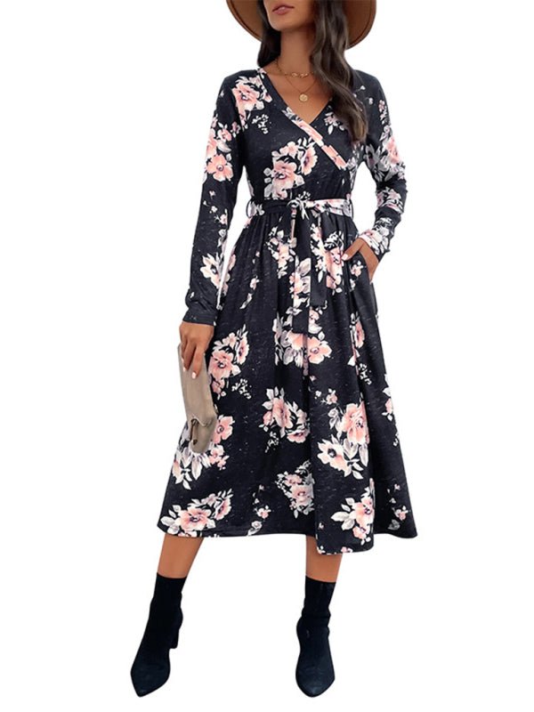 Stilla | Dame Floral Print Faux Wrap Talje Bælte Midi Kjole Online Hot Salg