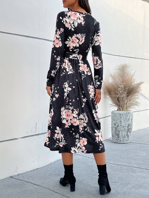 Stilla | Dame Floral Print Faux Wrap Talje Bælte Midi Kjole Online Hot Salg