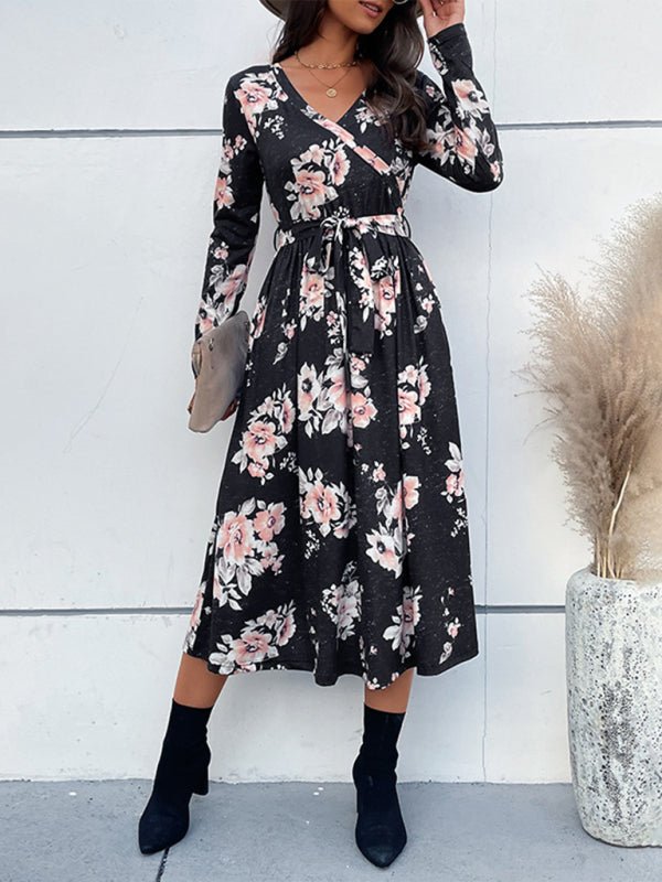 Stilla | Dame Floral Print Faux Wrap Talje Bælte Midi Kjole Online Hot Salg