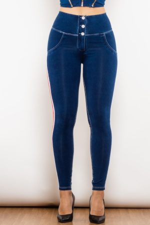 Stilla | Stribet Knap Høj Talje Skinny Jeans