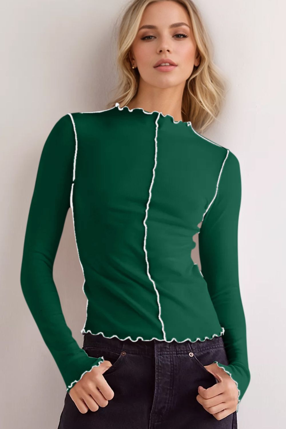 Stilla | Basic Bae Kontrastbesæt Mock Neck Langærmet T-Shirt Rabat