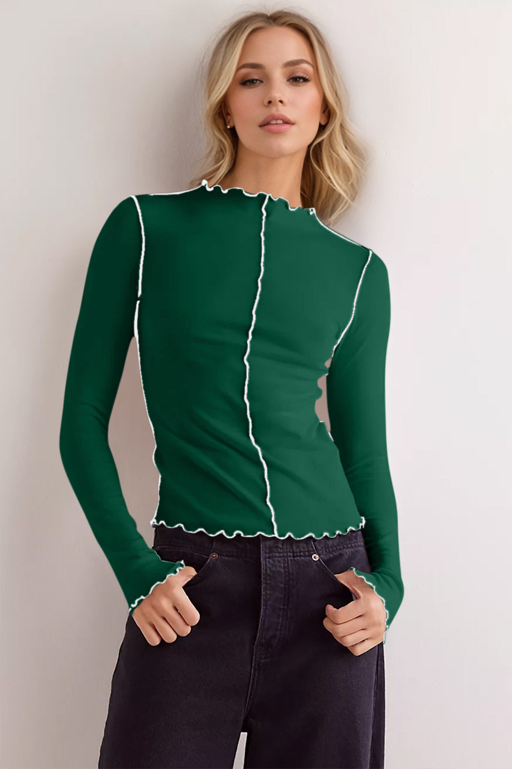 Stilla | Basic Bae Kontrastbesæt Mock Neck Langærmet T-Shirt Rabat