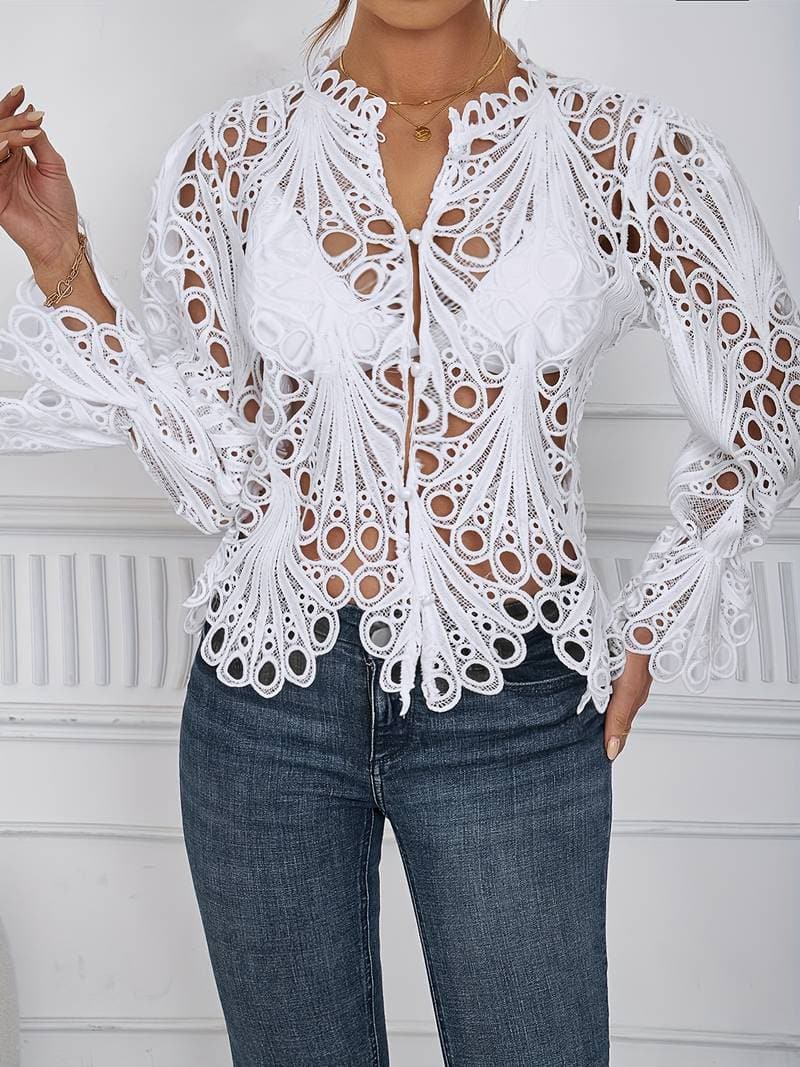 Stilla | Blondebluse Langærmet V-hals Knaplukning Elegante Transparent Design på udsalg