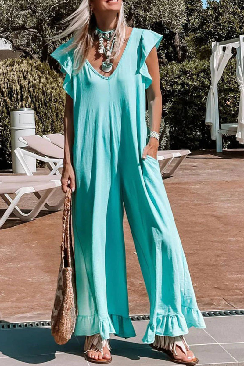 Stilla | Afslappet Solid Flounce V-neck Loose Jumpsuits