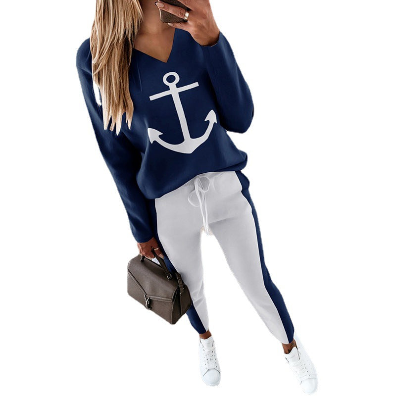Stilla | Langærmet V-Hals Anker Grafisk T-Shirt Mode