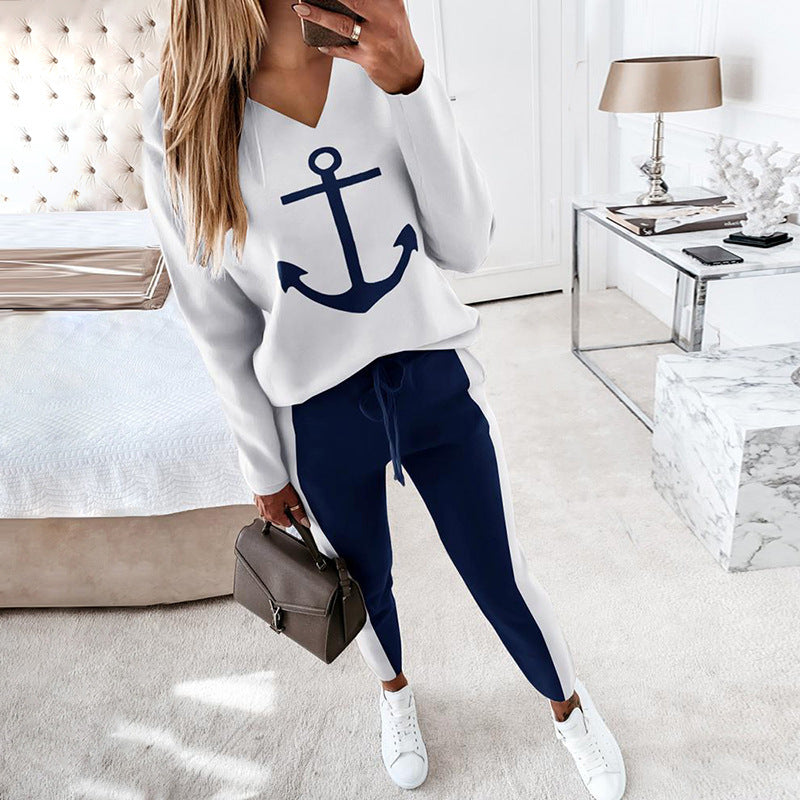 Stilla | Langærmet V-Hals Anker Grafisk T-Shirt Mode