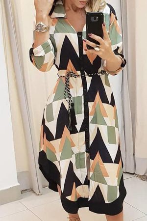 Stilla | Elegant Print Printning Nedslået Krave A-linie Kjoler Hot på udsalg