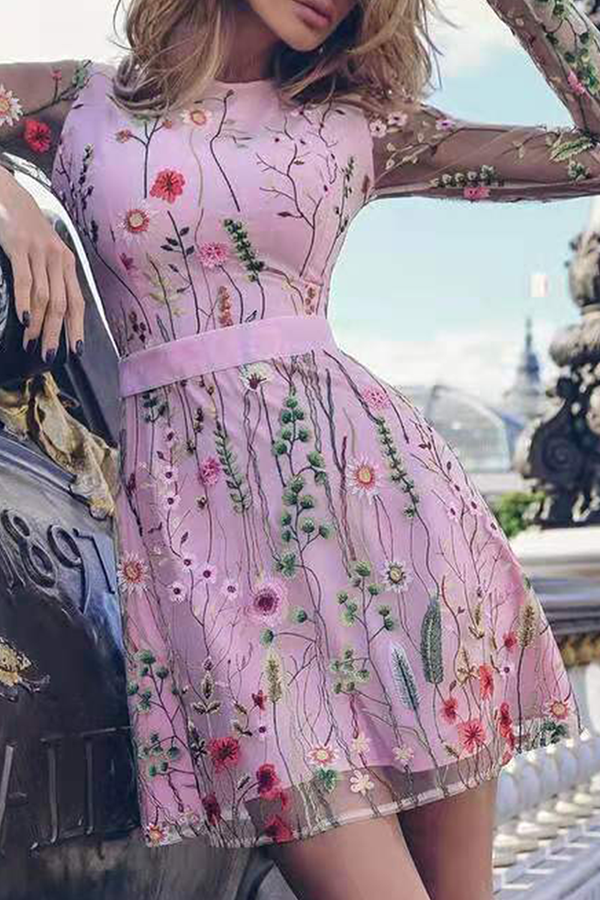 Stilla | Mode Elegant Blomstermønster Blonde Broderet Mesh O Hals Talje Nederdel Kjoler