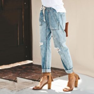 Stilla | Jogger Jeans Elastisk Talje Med Snøre Aflappet Pasform Rådetaljer & Opsmøg Mode