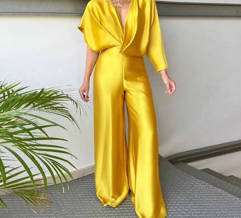 Stilla | Dyb V-Kortærmet Bred Ben Jumpsuit Rabat