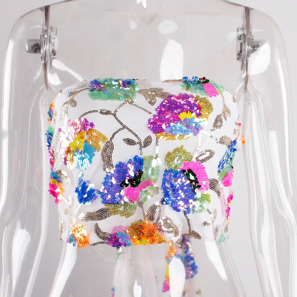 Stilla | Floral Pailletbroderi Pink Sommer Crop Top Rabat